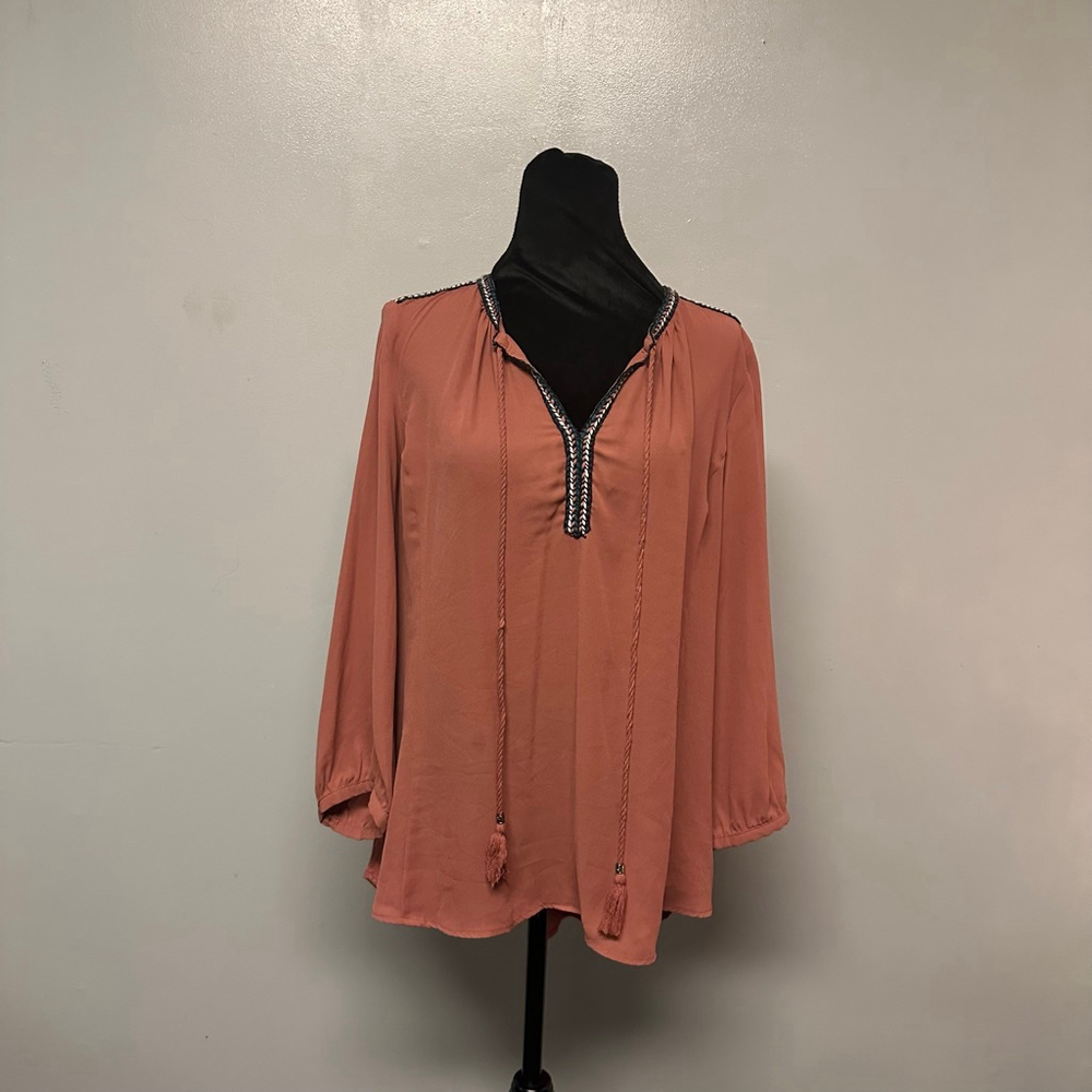 Women's DR2 Rust Blouse with long sleeves and embroidered Trim, Size L boho